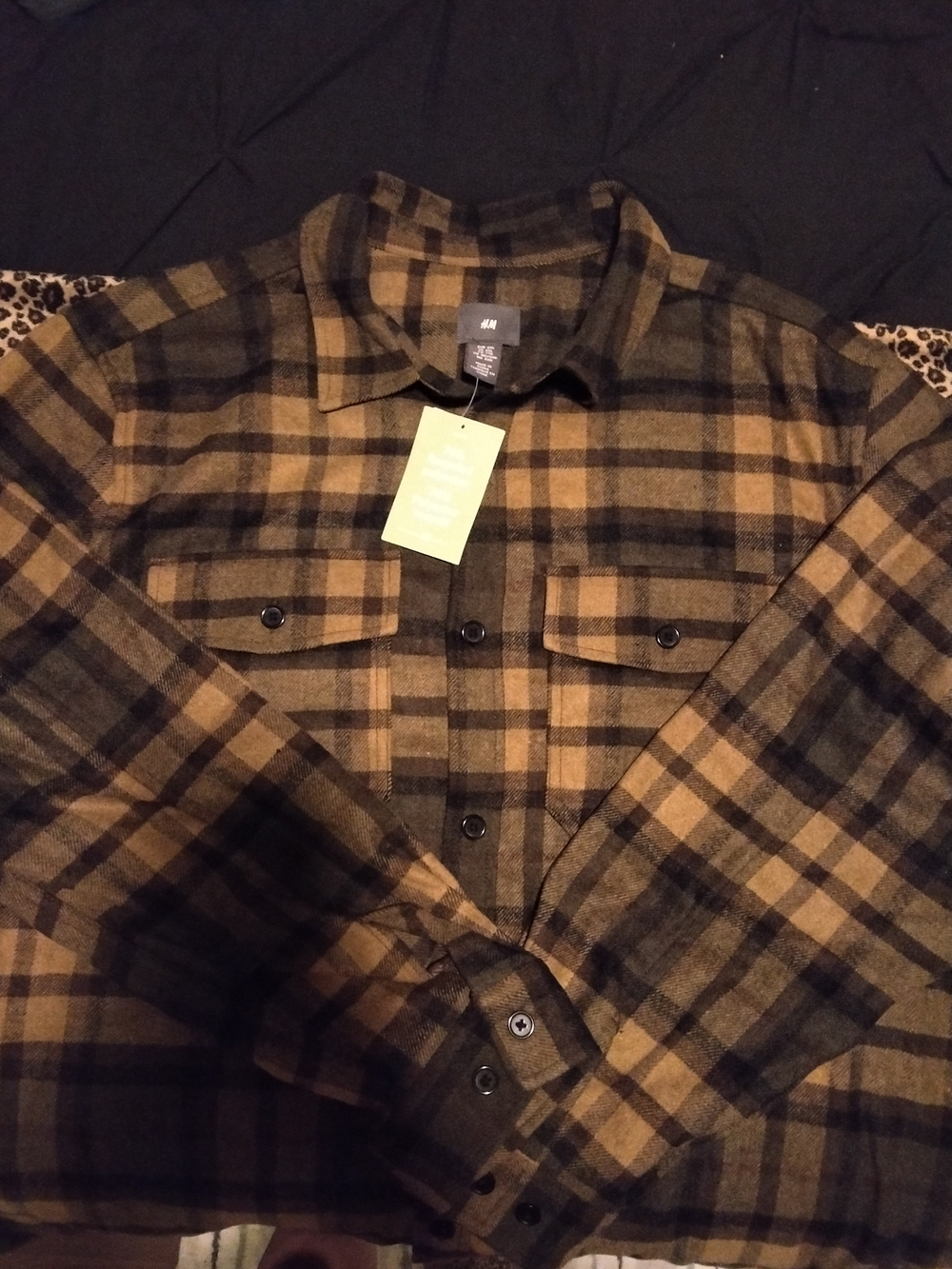 H&M Men's Brown/Black Plaid Flannel Button-Up Shirt w/ Pockets Size 2XL